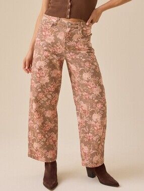 Altar'd State Rayna Straight Leg Floral Bow Denim Jeans Pink Wmn's  Size XXS 24